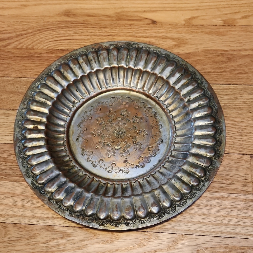 Antique Egyptian Silver Plated ?  Copper Decorative Plate With Patina And Wear